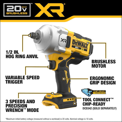 Dewalt 20V MAX Clé à chocs sans fil, 1/2" Hog Ring, couple élevé, sans balais, nue - Outil seul