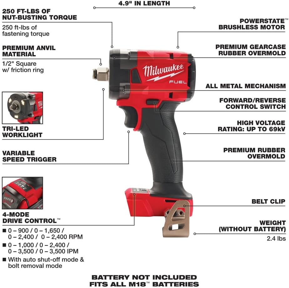 Clé à chocs sans fil Milwaukee 18V 1/2" sans balais avec anneau de friction