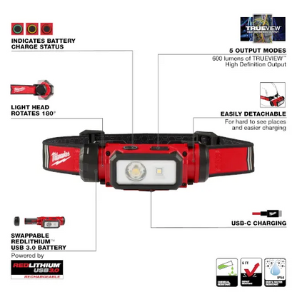 Lampe frontale USB Milwaukee avec 1 batterie et chargeur