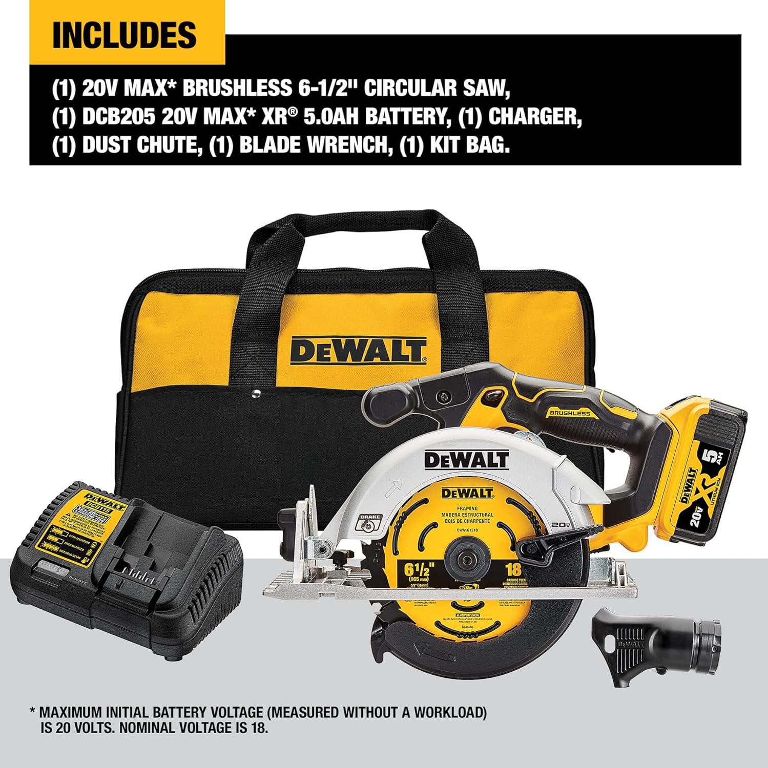 Scie circulaire Dewalt 20V MAX XR 6-1/2" (5.0AH) avec 1 batterie et un sac
