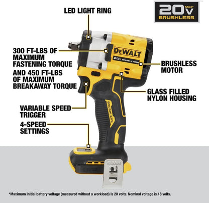 Dewalt Atomic 20V MAX Brushless Lithium-Ion 3/8 in. Clé à chocs sans fil 3/8 po avec enclume en forme d'anneau - Outil seulement