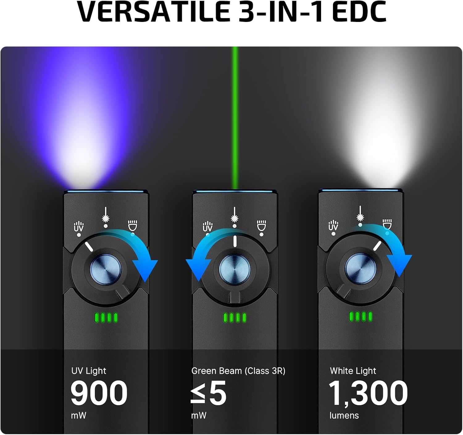 Olight Arkfeld Pro EDC Lampe de poche rechargeable 1300 Lumens avec faisceau vert - Noir Cool White