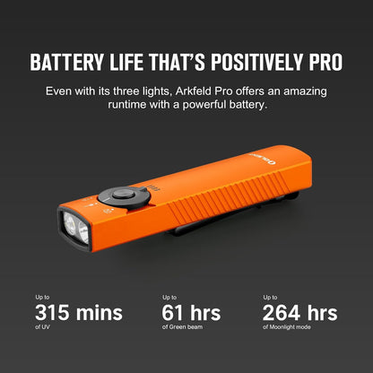 Olight Arkfeld Pro EDC Lampe de poche rechargeable 1300 Lumens avec faisceau vert - Orange Cool White