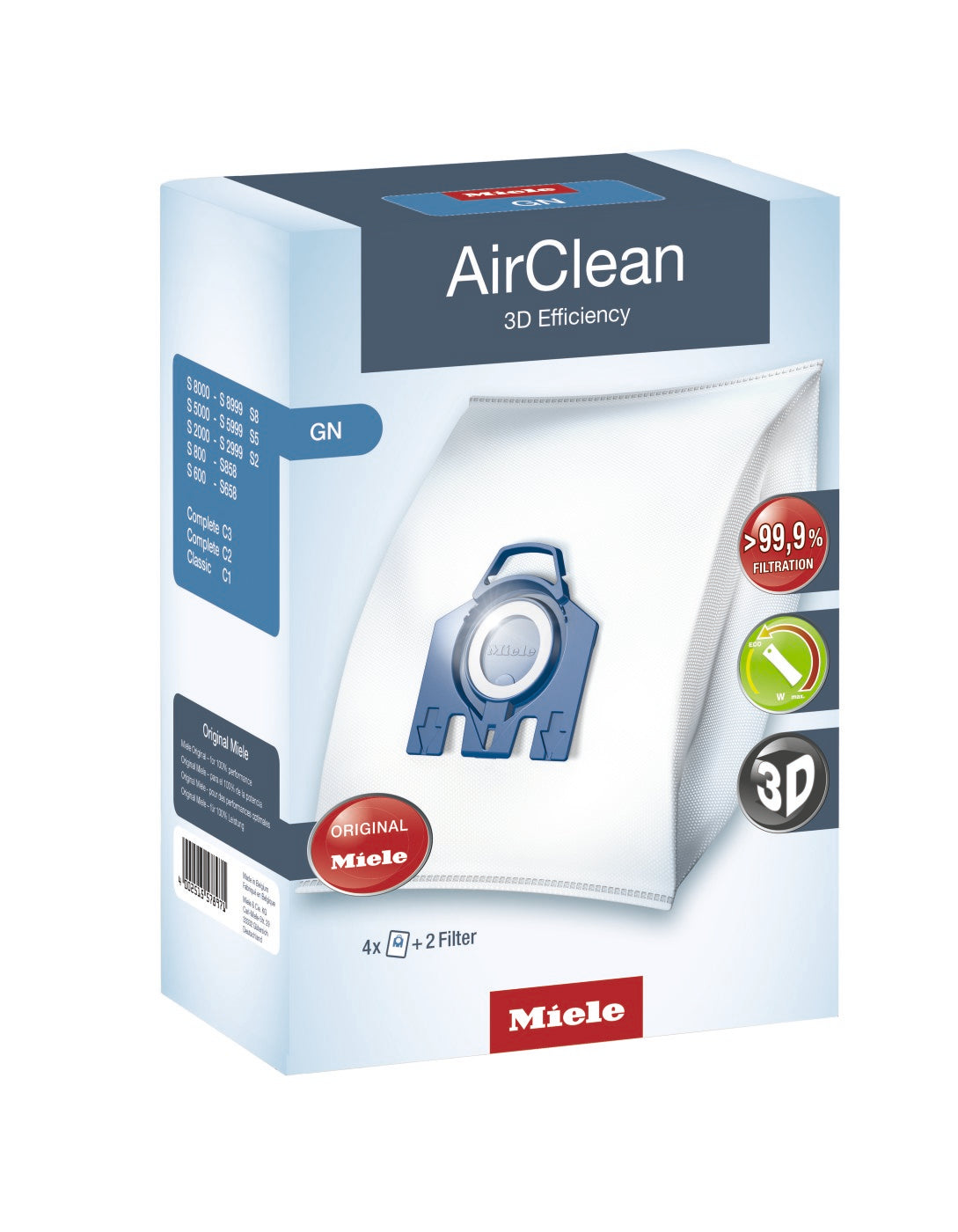 Sac d'aspirateur Miele GN Air Clean 3D avec 4 sacs et 2 filtres