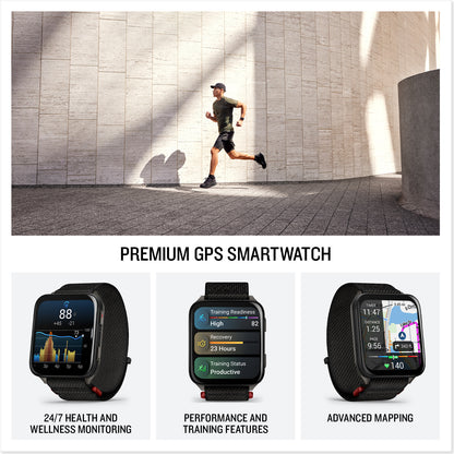 Garmin Venu X1 noir avec fond en titane ardoise et bracelet en nylon ComfortFit noir