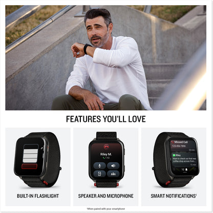 Garmin Venu X1 noir avec fond en titane ardoise et bracelet en nylon ComfortFit noir