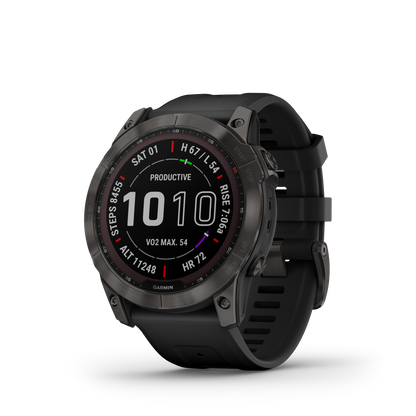 Garmin Fenix 7X Sapphire Solar Larger Adventure Smart Watch - Carbon Grey DLC Titanium with Black Band