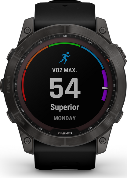 Garmin Fenix 7X Sapphire Solar Larger Adventure Smart Watch - Carbon Grey DLC Titanium with Black Band