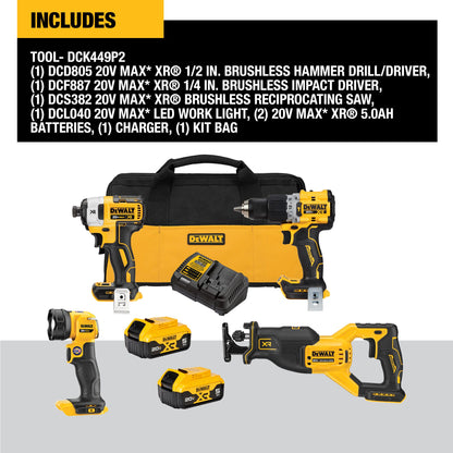 Dewalt 20V Max XR Hammer Drill - Impact Driver - Reciprocating Saw & Work Light - Power Tools Combo Kit