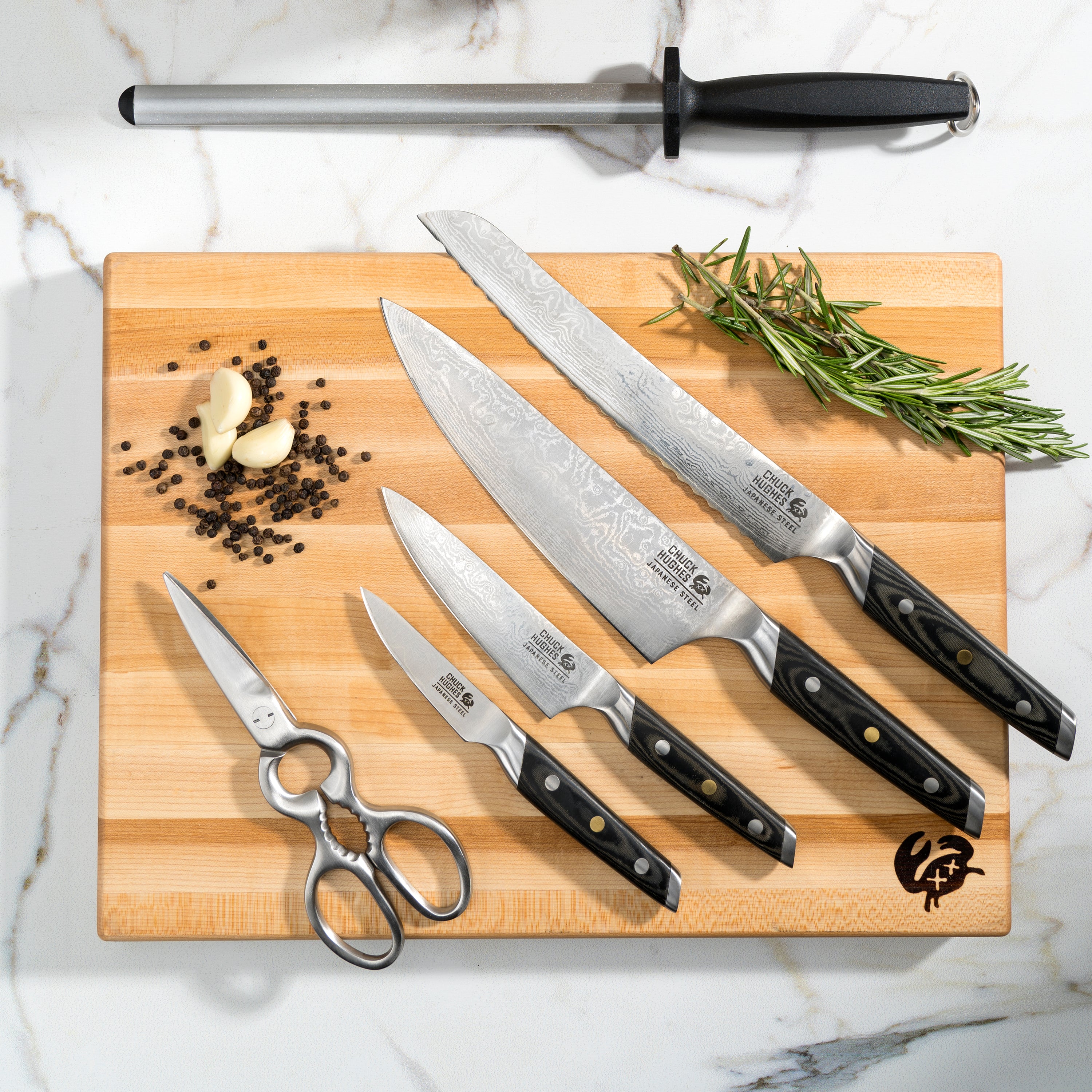 Chuck Hughes Damascus Knife Serrated Bread Knife 9" (couteau à pain dentelé)