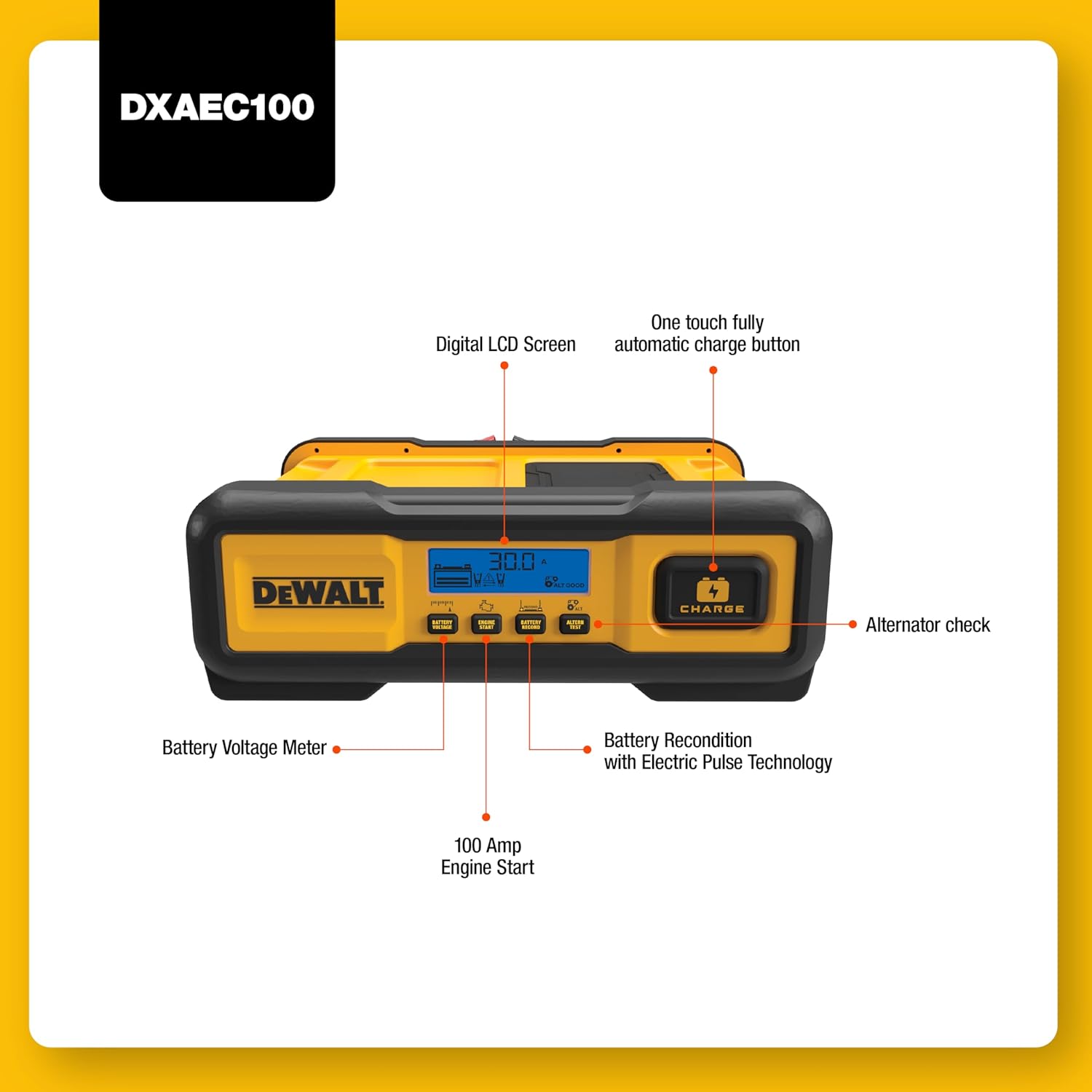 Chargeur de batterie professionnel Dewalt 30A avec démarrage du moteur
