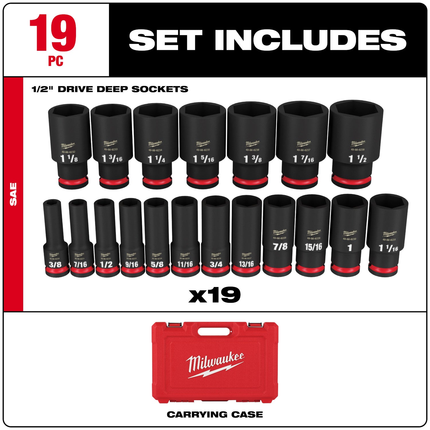 19PC SHOCKWAVE Impact Duty 1/2" Drive SAE Deep 6 Point Socket Set