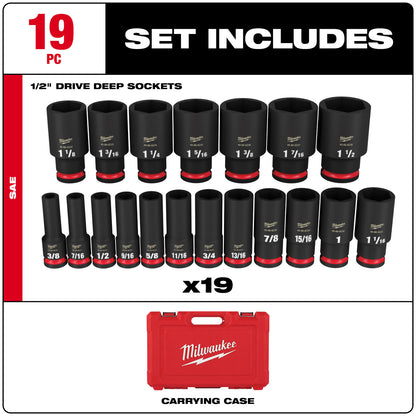 19PC SHOCKWAVE Impact Duty 1/2" Drive SAE Deep 6 Point Socket Set