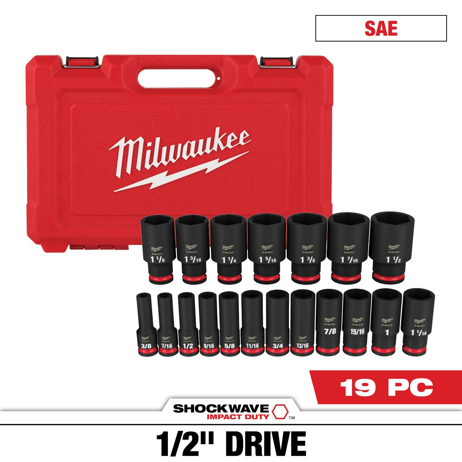 19PC SHOCKWAVE Impact Duty 1/2" Drive SAE Deep 6 Point Socket Set