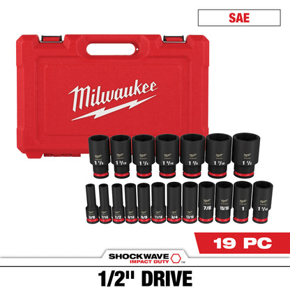 19PC SHOCKWAVE Impact Duty 1/2" Drive SAE Deep 6 Point Socket Set