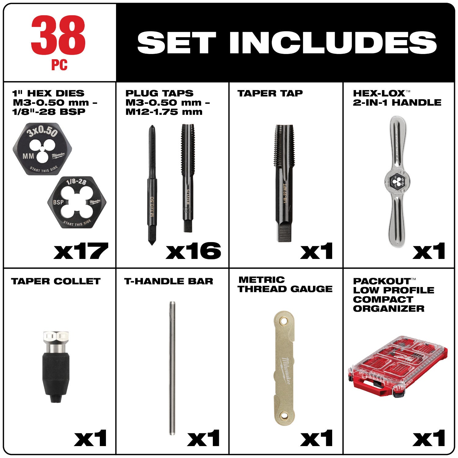 38PC Metric Tap & Die PACKOUT Set w/ HEX-LOK 2-in-1 Handle
