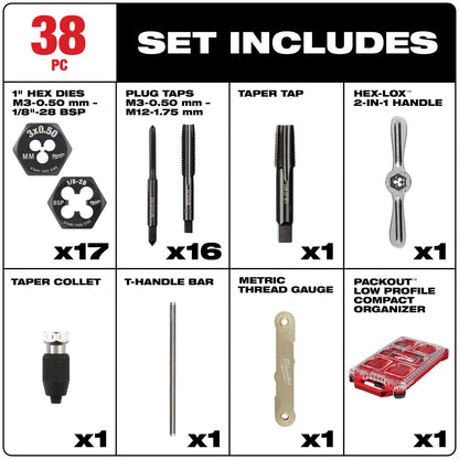 38PC Metric Tap & Die PACKOUT Set w/ HEX-LOK 2-in-1 Handle