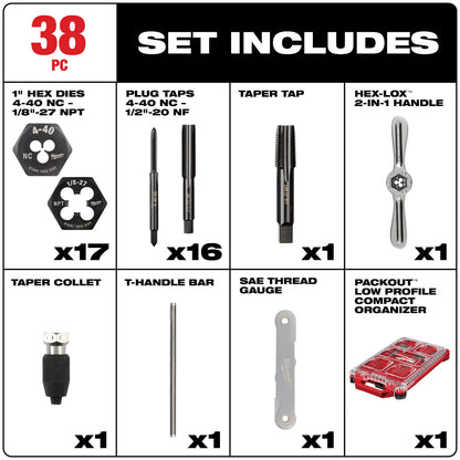 38PC SAE Tap & Die PACKOUT Set w/ HEX-LOK 2-in-1 Handle