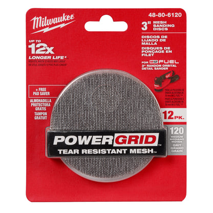 Disques de ponçage 3" 120 grains avec maille résistante à la déchirure POWERGRID - (12 PK) + Pad Saver