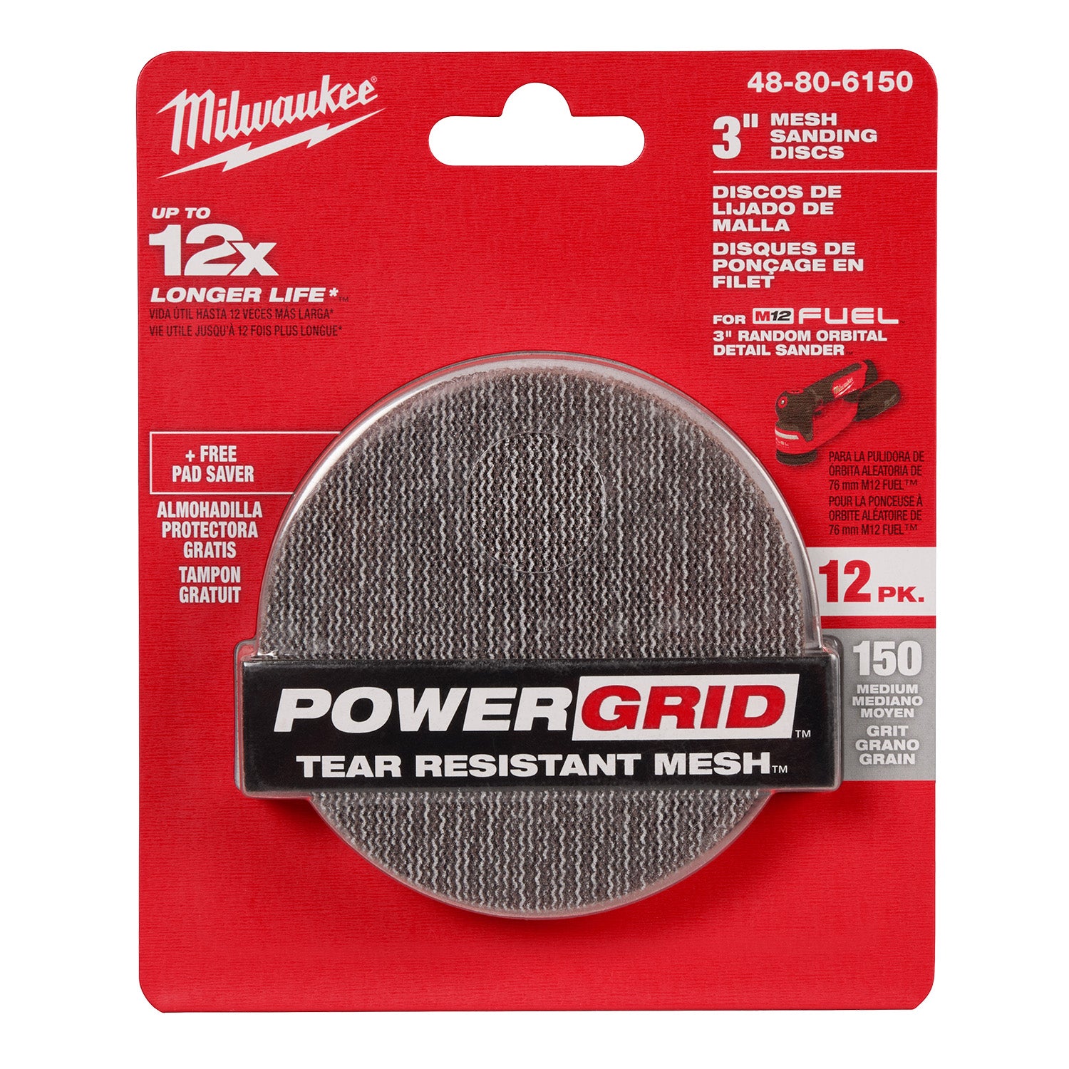 Disques de ponçage 3" 150 avec maille POWERGRID résistante à la déchirure - (12 PK) + Pad Saver