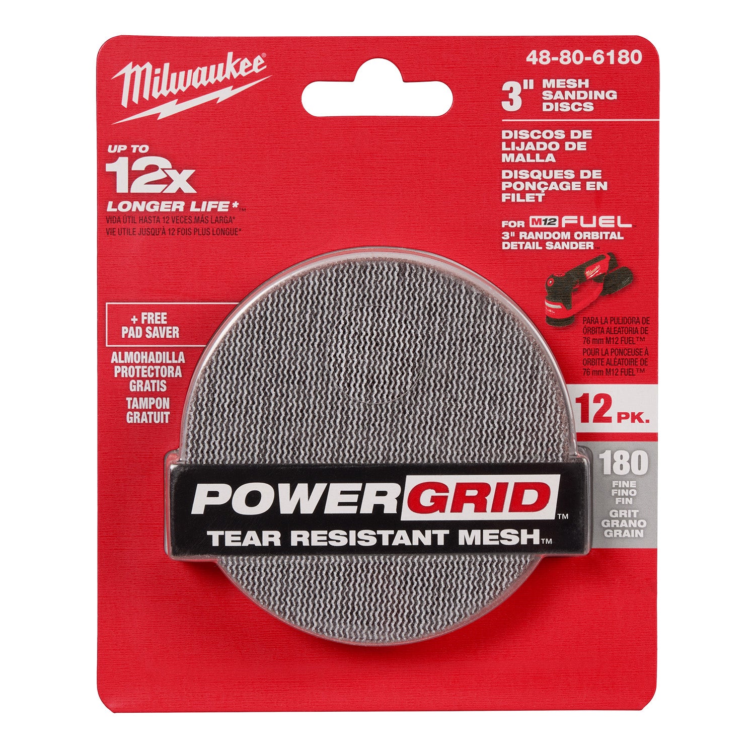Disques de ponçage 3" à mailles 180 avec mailles résistantes à la déchirure POWERGRID - (12 PK) + Pad Saver