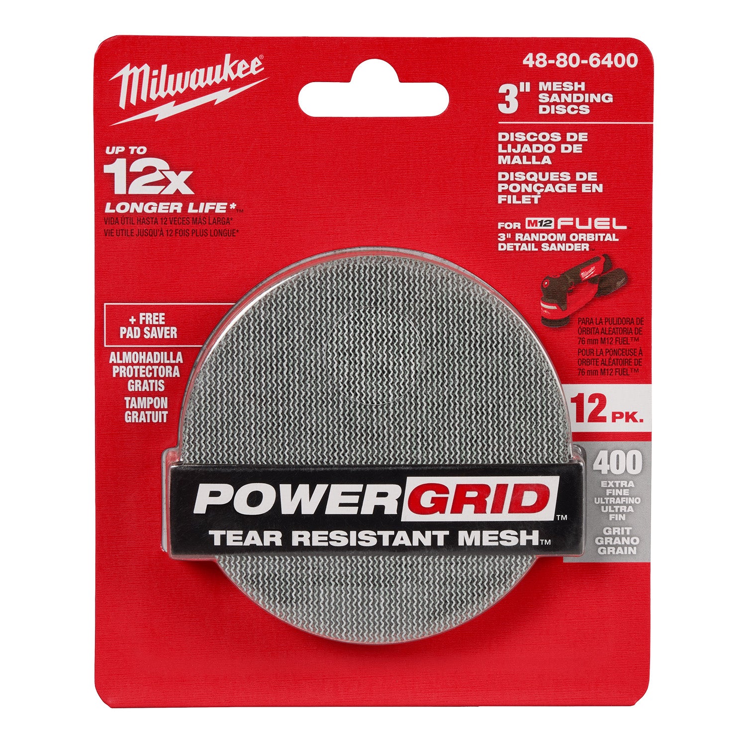 Disques de ponçage 3" 400 Grith avec POWERGRID Tear Resistant Mesh - (12 PK) + Pad Saver