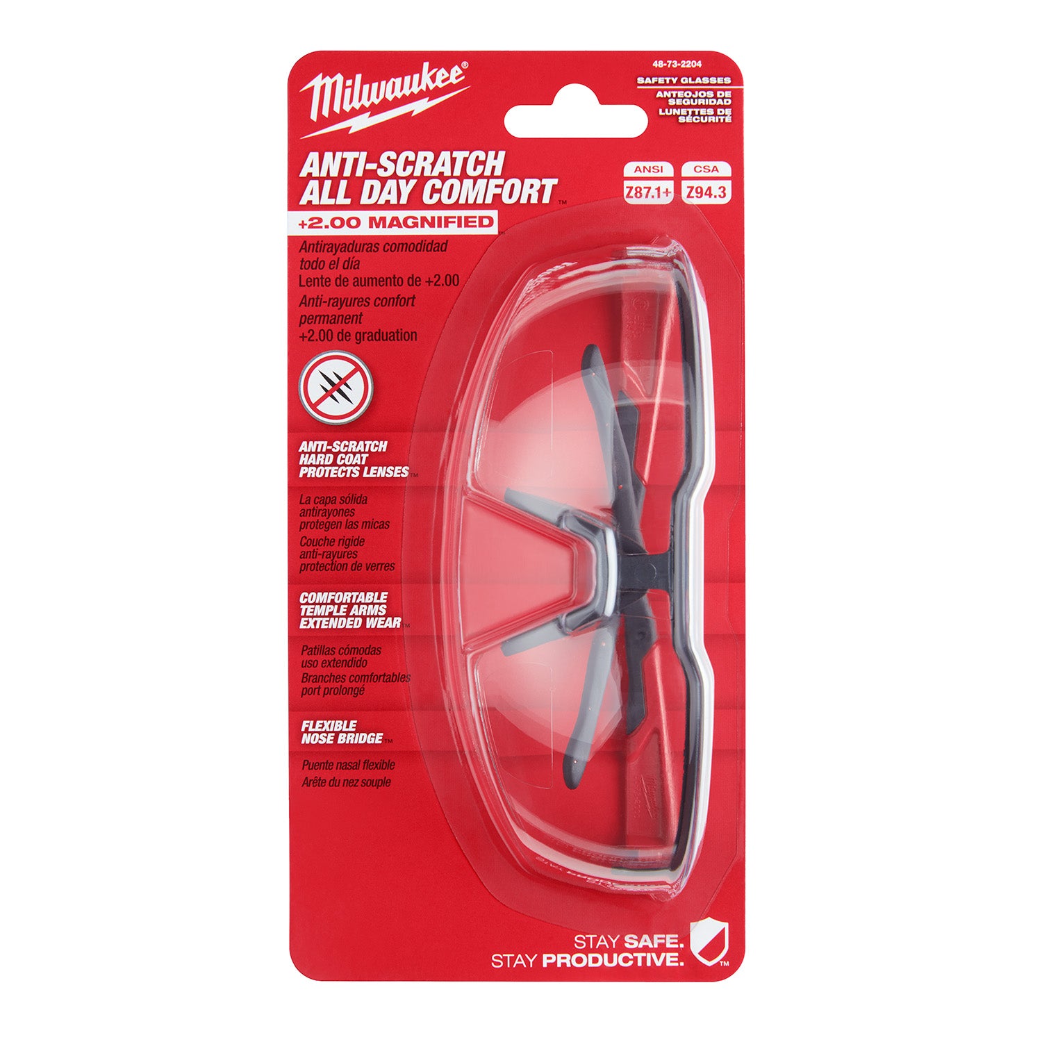 Safety Glasses - +2.00 Magnified Clear Anti-Scratch Lenses