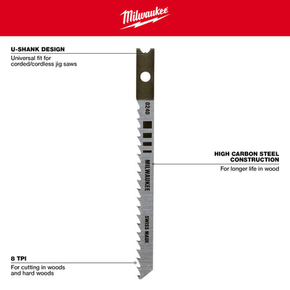 3-1/8" 8TPI U-Shank Wood High Carbon Steel Jig Saw Blades - 1 Pack