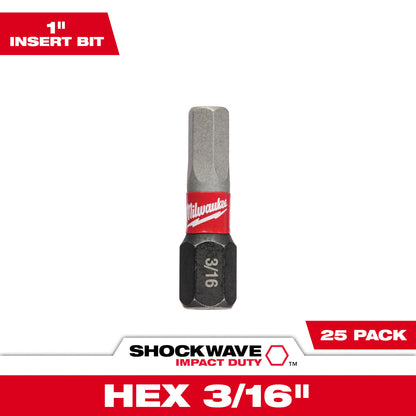 SHOCKWAVE Impact Duty 1" Hex 3/16" Insert Bits Bulk 25
