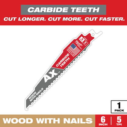 6" 5 TPI AX with Carbide Teeth SAWZALL Blade for Wood with Nails