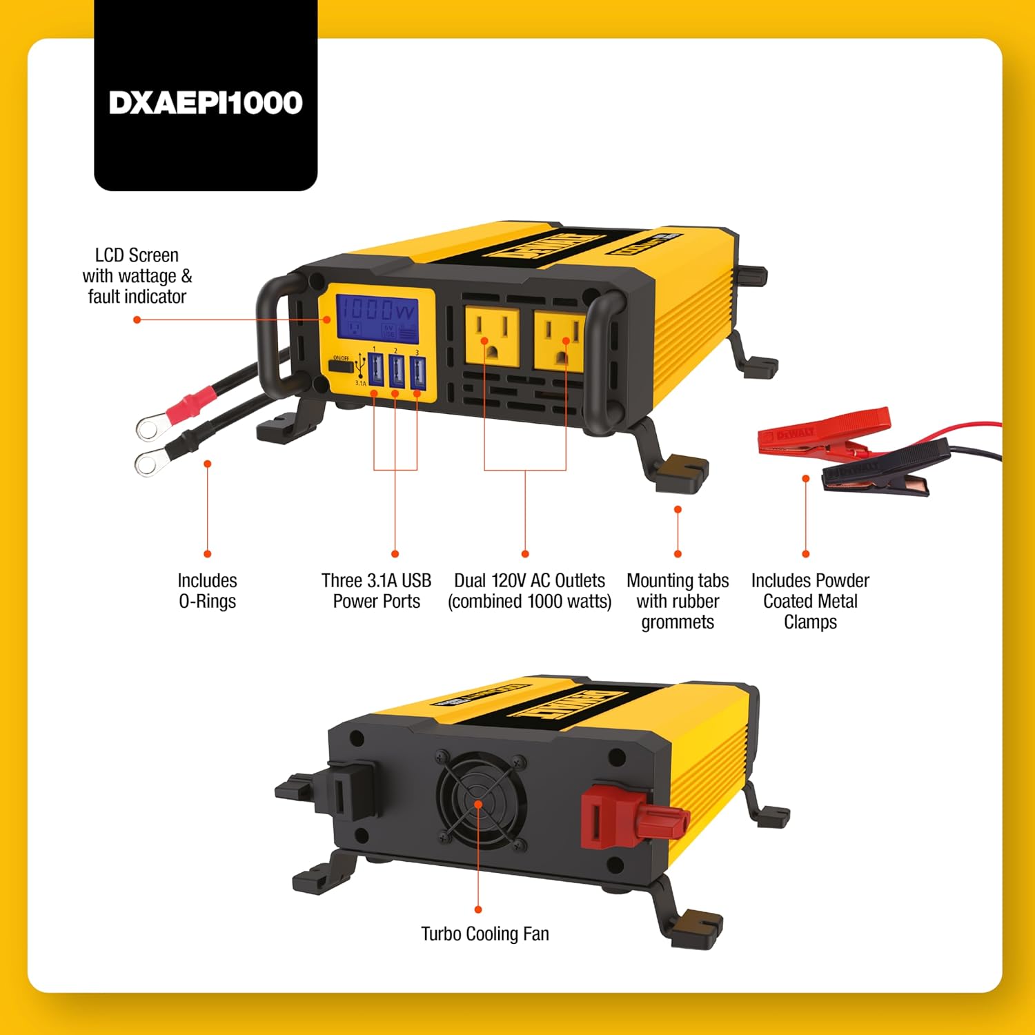 Dewalt Power Inverter 1000W Car Converter with LCD Display - Dual 120V AC Outlets