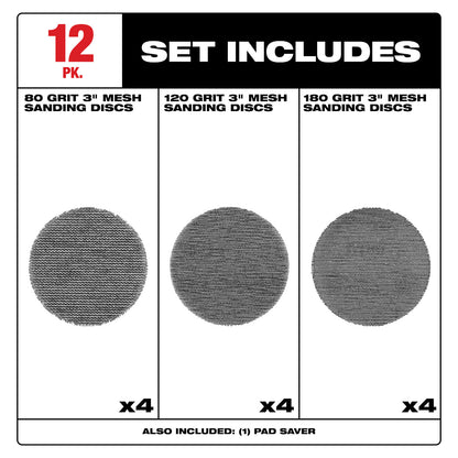 3” Assorted 80, 120, 180 Grit Mesh Sanding Discs with POWERGRID Tear Resistant Mesh – (12 PK) + Pad Saver