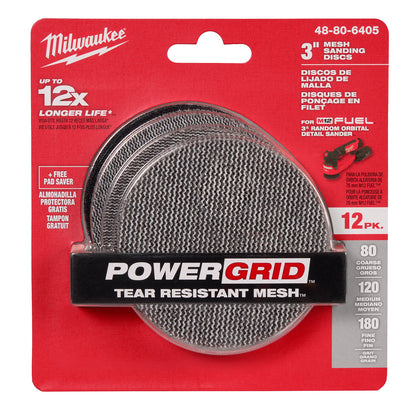 3” Assorted 80, 120, 180 Grit Mesh Sanding Discs with POWERGRID Tear Resistant Mesh – (12 PK) + Pad Saver