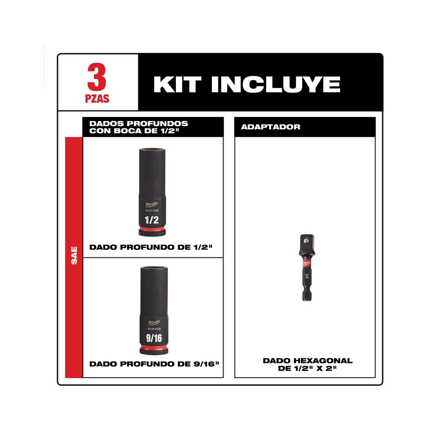 3PC SHOCKWAVE Impact Duty 1/2" Drive SAE Deep 6 Point Socket Set