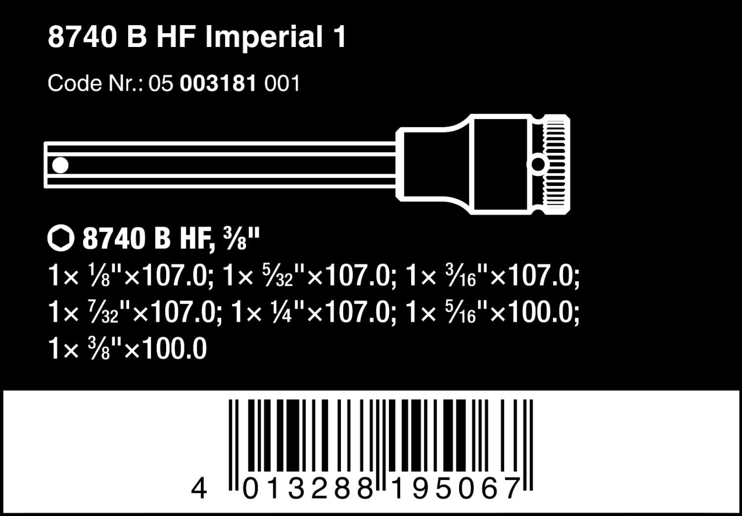 Wera 3/8" HF  8740 B HF Imperial 1 Bit Socket Set - 7 Pc