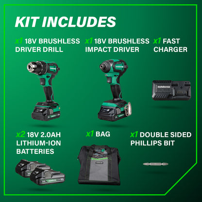 Metabo HPT 18V Multi Volt Cordless Brushless Driver Drill & Impact Driver Combo Kit