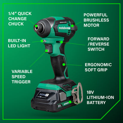 Metabo 18V MultiVolt Impact Driver Brushless Motor Tool Kit 1/4" Chuck
