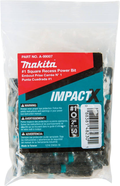 Makita A‑99007 ImpactX™ #1 Square Recess 2" Power Bit – 50‑Pack (Bulk)