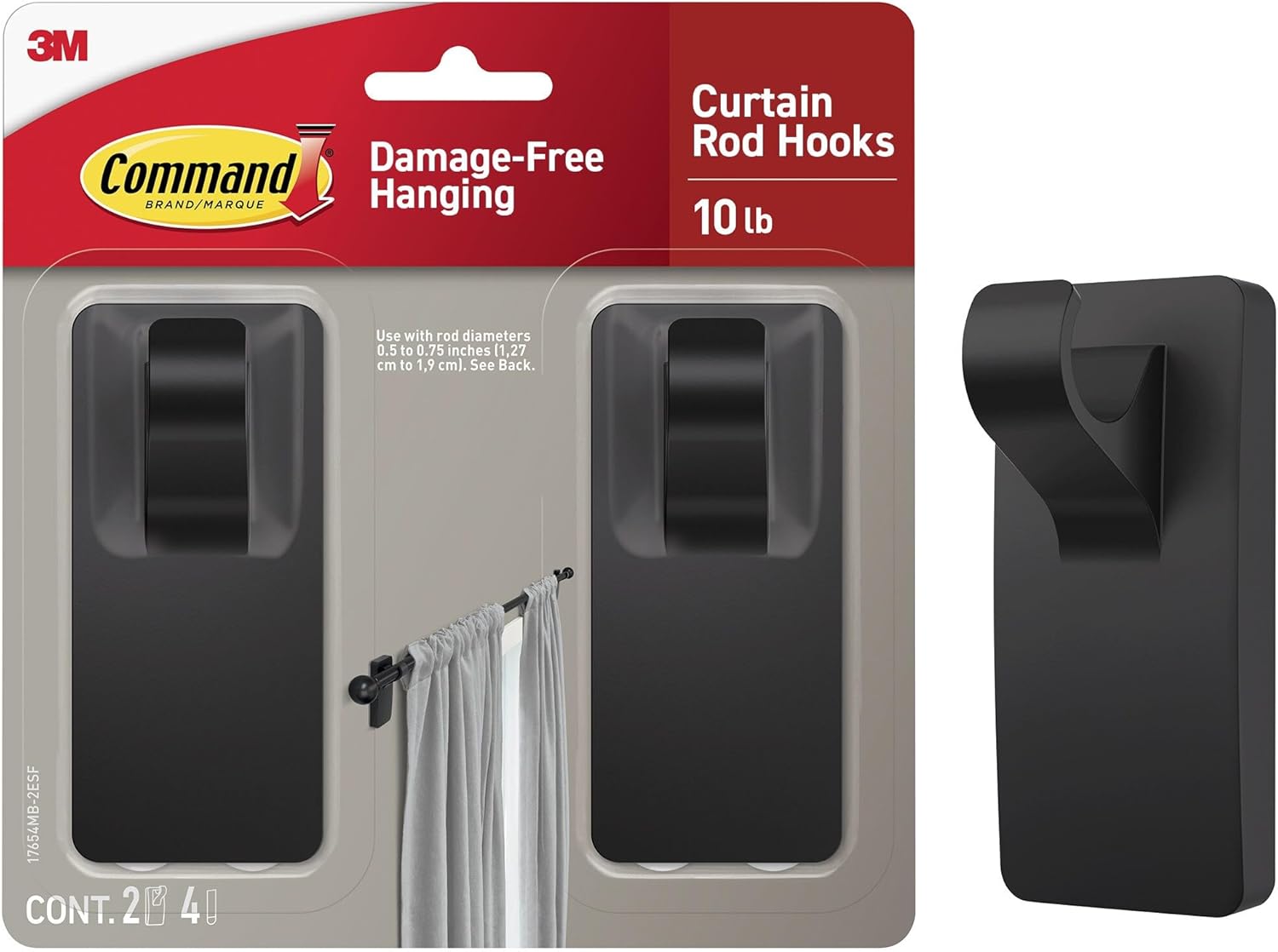 Command Curtain Rod Hooks  2 Hooks 4 Strips - Matte Black