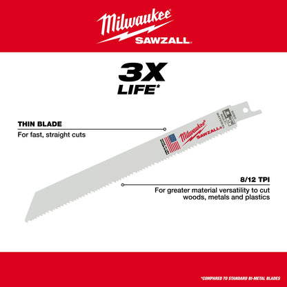 Lame SAWZALL 12" 8/12 TPI pour multi-matériaux (25 PK)