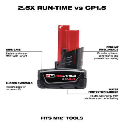 Milwaukee M12 Redlithium XC with Extended Capacity Battery Pack 4.0 Ah