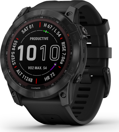 Garmin Fenix 7X Sapphire Solar Larger Sized Adventure Smartwatch - Black DLC Titanium with Black Band