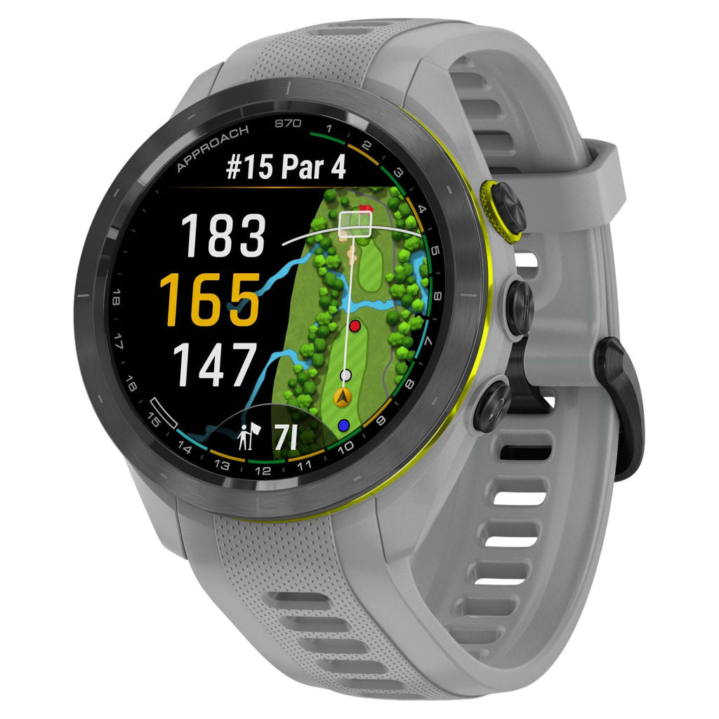 Garmin Approach S70 42mm Black/Amp Yellow Ceramic Bezel with Powder Gray Silicone Band