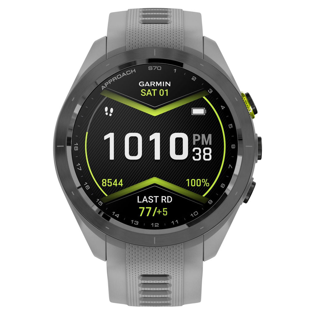 Garmin Approach S70 42mm Black/Amp Yellow Ceramic Bezel with Powder Gray Silicone Band