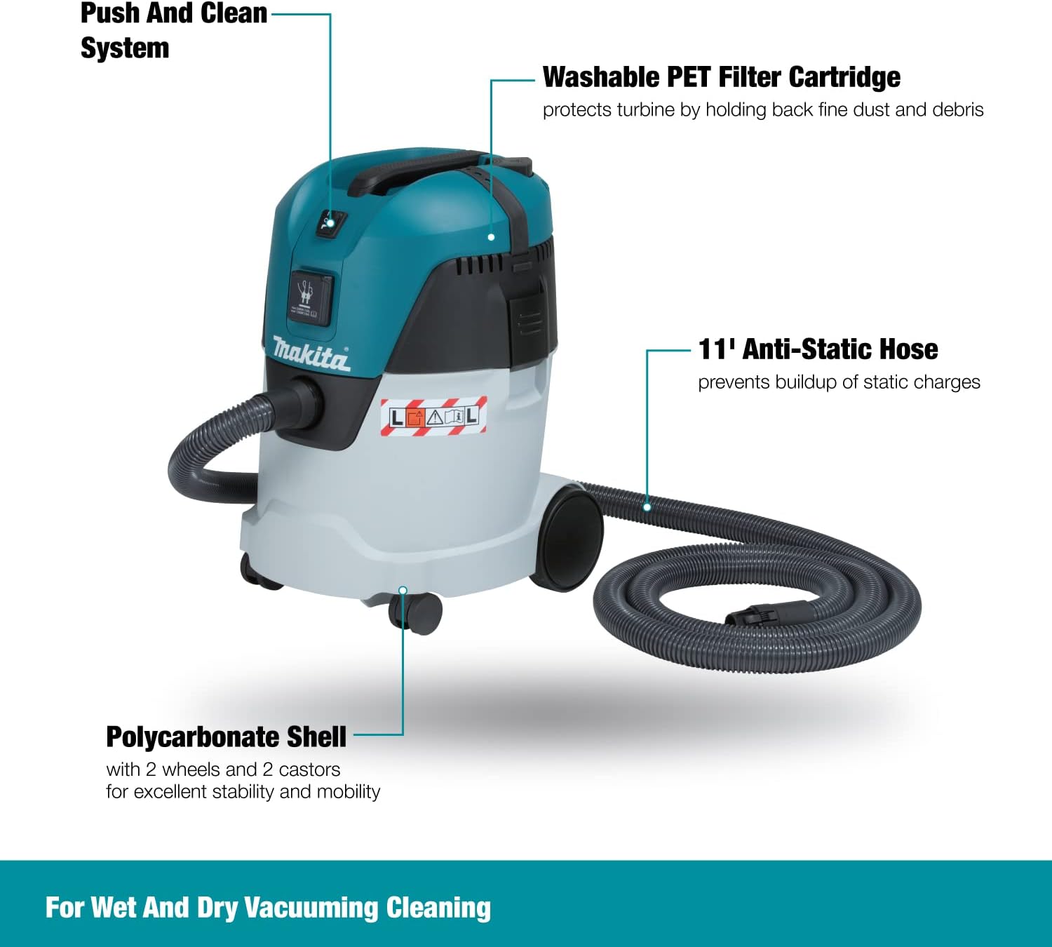 Makita 25.0 L Push and Clean L Class Dust Extractor 9.4A for Wet & Dry Cleaning