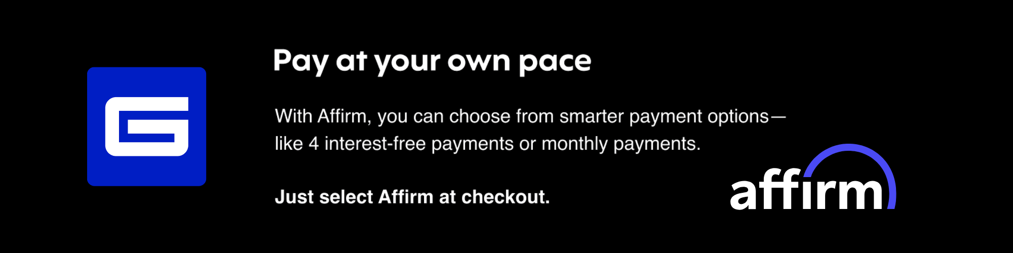 Affirm payment option advertisement with logo and text on a black background